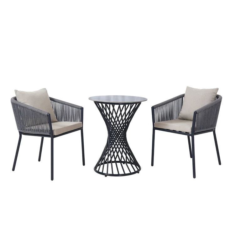 Modern Grey Garden 3 Piece Cafe Dining Set Furniture Outdoor Patio Bristo Metal Coffee Round Table And 2 Seater Rope Chairs