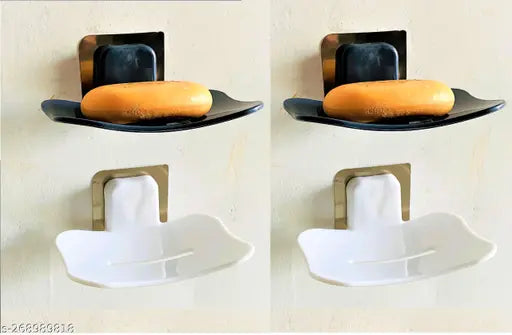 Bathroom Shelves 4 Pcs + Soap Stand 4 Pcs Multipurpose Shelf and Rack for Home Plastic Wall Shelf (Number of Shelves - 8, White, Black)