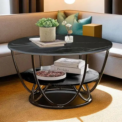 Double-Layer Marble-Look Coffee Table with Wrought Iron Storage in a Circular Shape That is Perfect for a Living Room