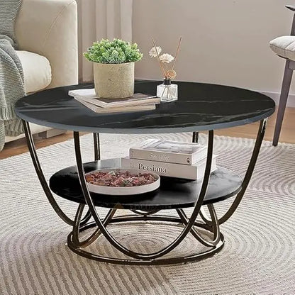 Double-Layer Marble-Look Coffee Table with Wrought Iron Storage in a Circular Shape That is Perfect for a Living Room