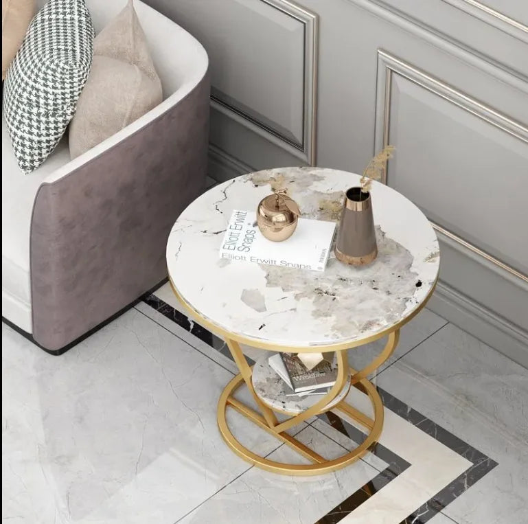 Modern Marbling Round Tea Table Sofa Side Simple Wrought Steel Coffe Table Set