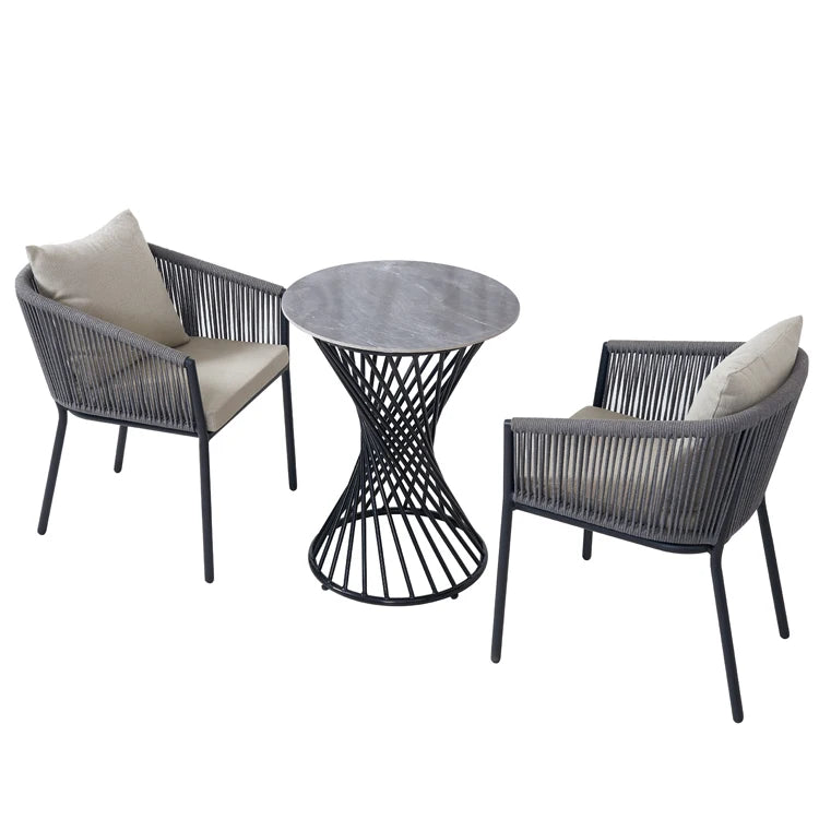 Modern Grey Garden 3 Piece Cafe Dining Set Furniture Outdoor Patio Bristo Metal Coffee Round Table And 2 Seater Rope Chairs