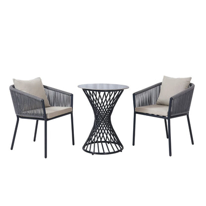 Modern Grey Garden 3 Piece Cafe Dining Set Furniture Outdoor Patio Bristo Metal Coffee Round Table And 2 Seater Rope Chairs