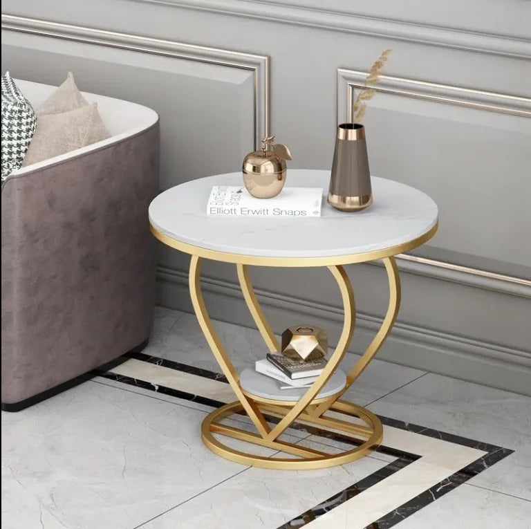Modern Marbling Round Tea Table Sofa Side Simple Wrought Steel Coffe Table Set