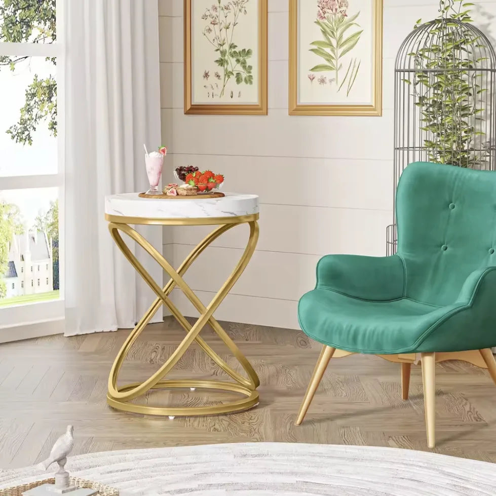 Round Marble-Look Coffee Table With Gold Metal Intertwined Frame  Certified Modern Luxury Living Room Side Table