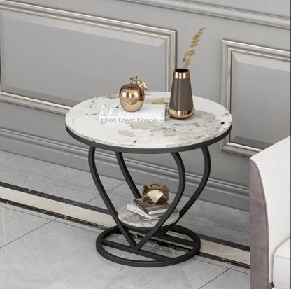 Modern Marbling Round Tea Table Sofa Side Simple Wrought Steel Coffe Table Set