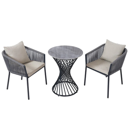 Modern Grey Garden 3 Piece Cafe Dining Set Furniture Outdoor Patio Bristo Metal Coffee Round Table And 2 Seater Rope Chairs