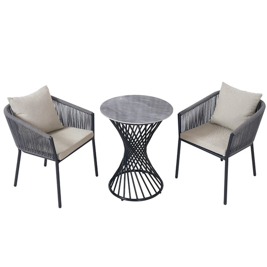 Modern Grey Garden 3 Piece Cafe Dining Set Furniture Outdoor Patio Bristo Metal Coffee Round Table And 2 Seater Rope Chairs