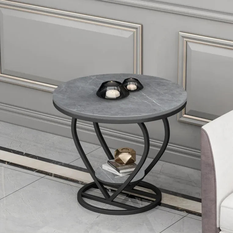 Modern Marbling Round Tea Table Sofa Side Simple Wrought Steel Coffe Table Set