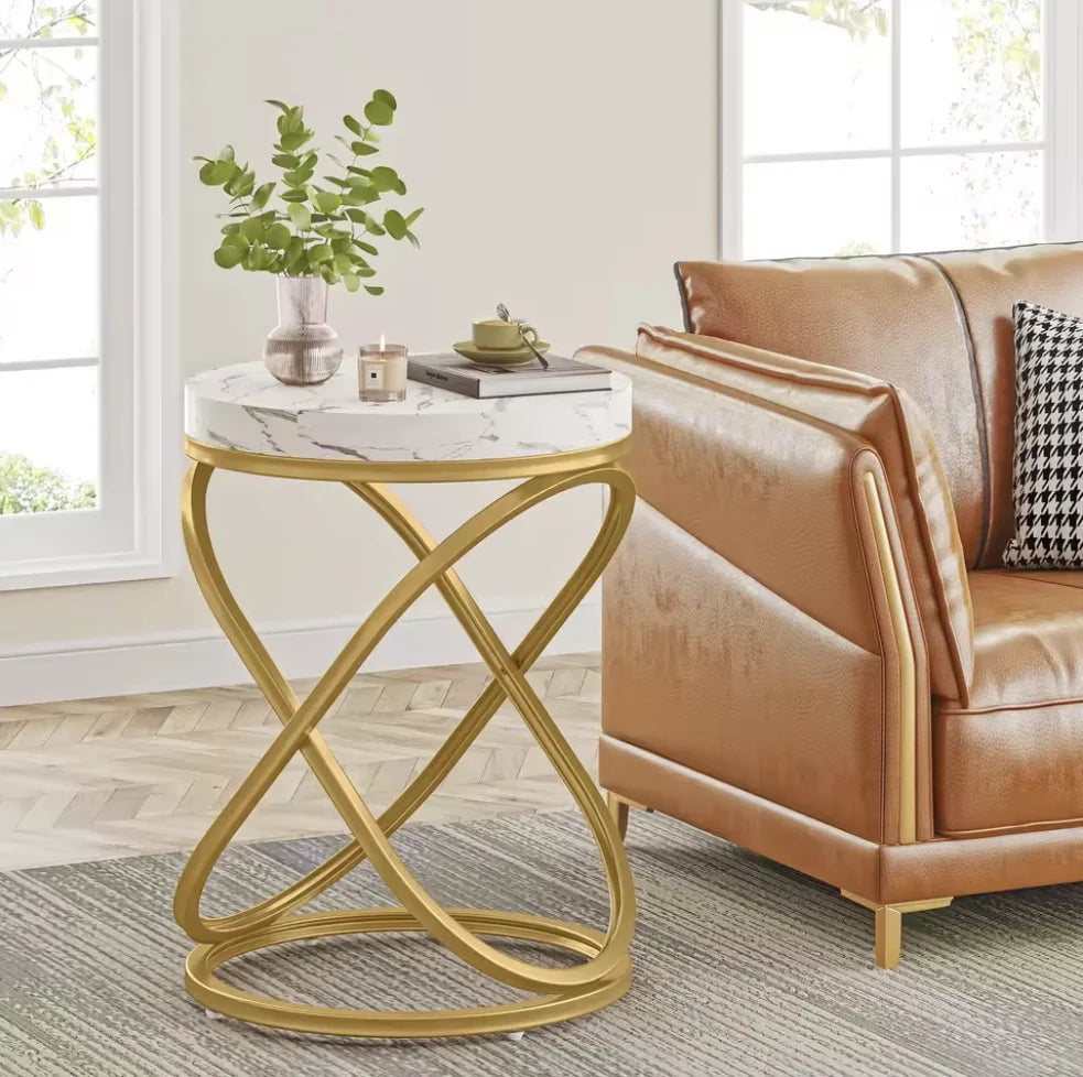 Round Marble-Look Coffee Table With Gold Metal Intertwined Frame  Certified Modern Luxury Living Room Side Table