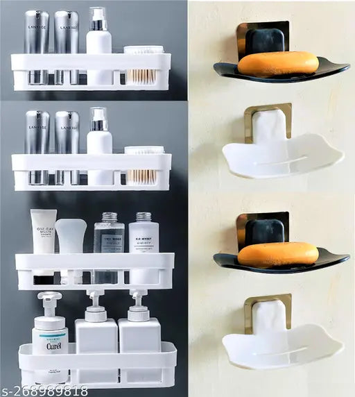 Bathroom Shelves 4 Pcs + Soap Stand 4 Pcs Multipurpose Shelf and Rack for Home Plastic Wall Shelf  (Number of Shelves - 8, White, Black)