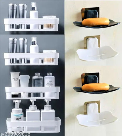Bathroom Shelves 4 Pcs + Soap Stand 4 Pcs Multipurpose Shelf and Rack for Home Plastic Wall Shelf  (Number of Shelves - 8, White, Black)